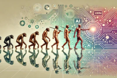 Ilustración conceptual que representa la evolución del diseño digital, desde Notepad hasta la IA.