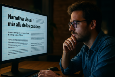 Diseñador web frente a pantalla con interfaz narrativa.