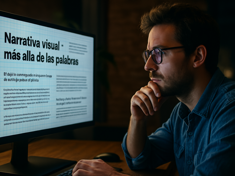 Diseñador web frente a pantalla con interfaz narrativa.