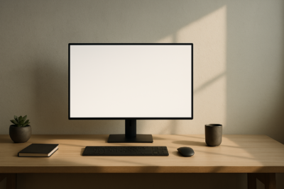 antalla en blanco sobre escritorio amplio y minimalista, con luz natural suave y ambiente sereno