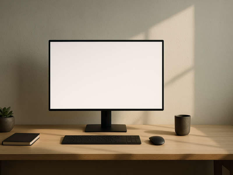 antalla en blanco sobre escritorio amplio y minimalista, con luz natural suave y ambiente sereno