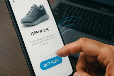 Persona interactuando con una interfaz digital animada, con múltiples capas visuales, y elementos dinámicos