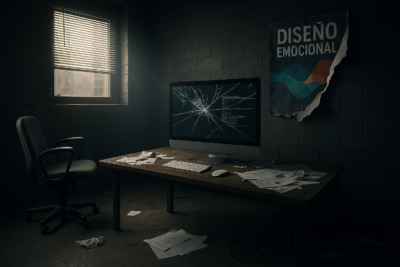 Estudio de diseño desordenado tras una crisis creativa, con pantalla rota y caos visual