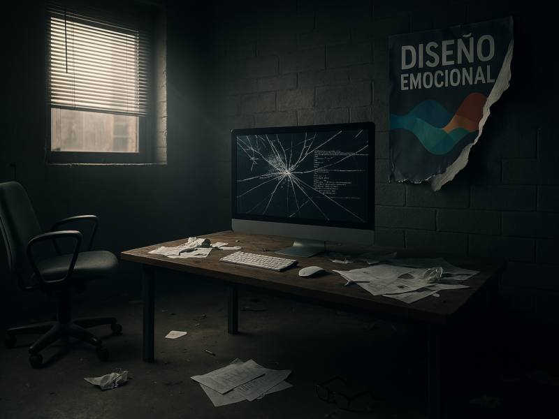 Estudio de diseño desordenado tras una crisis creativa, con pantalla rota y caos visual