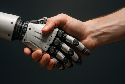 Mano robótica y mano humana estrechándose en señal de conexión entre tecnología y emoción, hiperrealista.