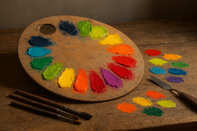Paleta de colores sobre mesa artística iluminada por luz natural, en composición armónica y realista