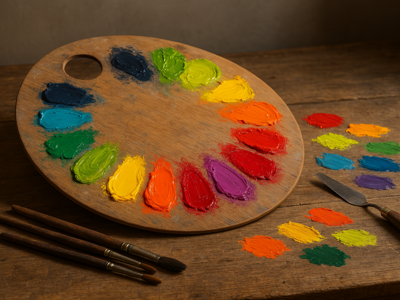Paleta de colores sobre mesa artística iluminada por luz natural, en composición armónica y realista