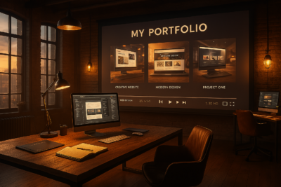 Portafolio digital cinematográfico con atmósfera oscura, luces de estudio y pantalla en blanco.