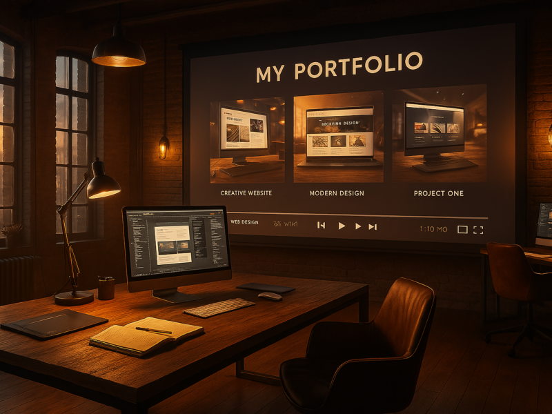 Portafolio digital cinematográfico con atmósfera oscura, luces de estudio y pantalla en blanco.