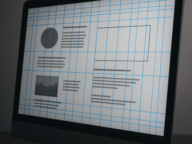 Pantalla con retícula digital visible, contenido editorial alineado con asimetría y tensión visual